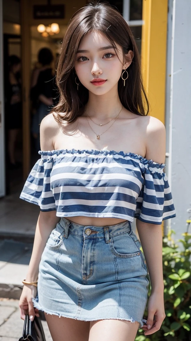 ((Photographed with wall art in the Kakaako area in the background)), (Standing by the wall art), (masterpiece:1.3), light makeup, red lips, beautiful hair, Black hair, (Medium hair:1.3), elegant, soft lighting, Very fine details, masterworks, authentic texture, perfect work, (1 girl), (One Woman), 16k, high resolution, exquisite features, brown eyes, (Ultra-high resolution eye:1.1), Japanese idol, beautiful face, ((artists work)), (photorealism:1.2), (gentle smile like a goddess), attractive, well-shaped breasts, beautiful cleavage, shiny skin, smooth skin, BREAK, (Off-the-shoulder blue and white striped t-shirt:1.3),(Lime yellow Micro mini Tight flare skirt:1.3), earrings, necklace, BREAK, Full-body, walking position, (Walking through the weekend market), (Model pose with legs apart), BREAK, (Asking for a kiss:1.2), (lovely smile), shoot from below, (Close up:1.2), sexy model pose