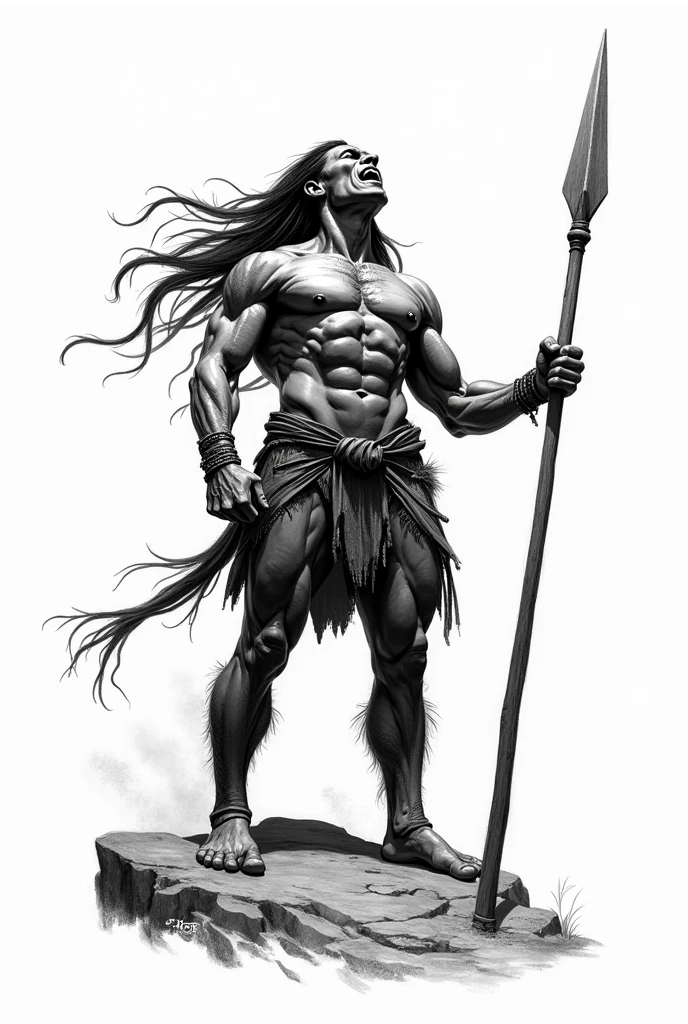 Waist up Potrait, Black and white Drawing, Red indian man, with a spear, standing, clear background, angrily shouting to the sky
