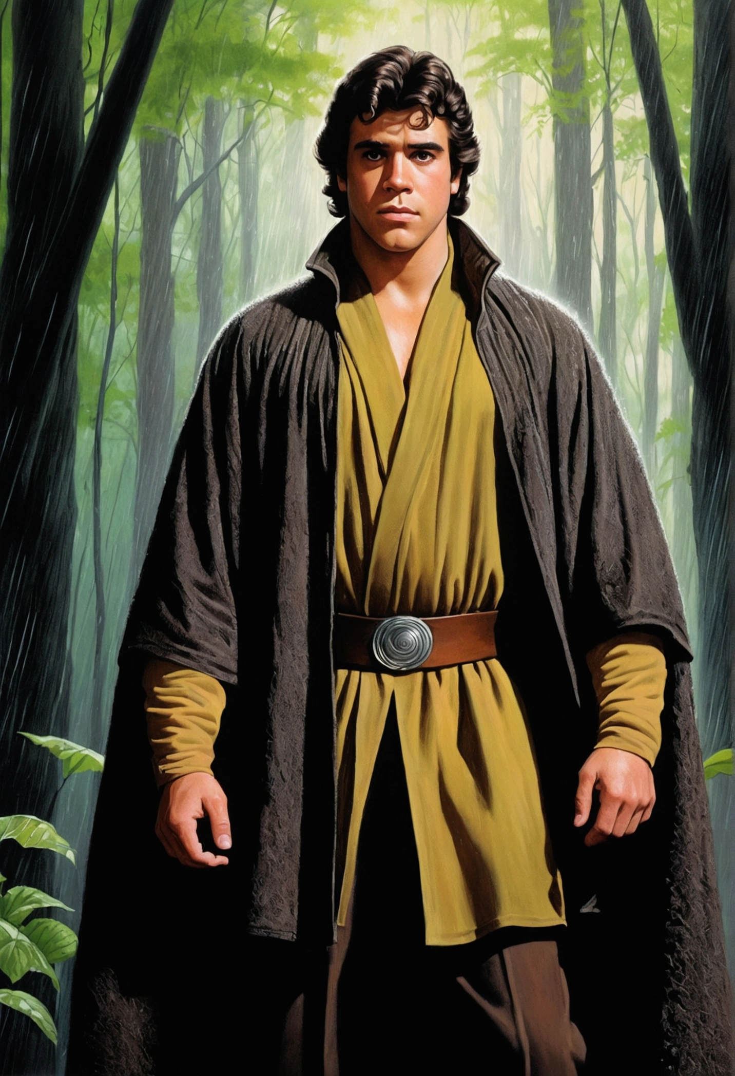 An illustrated movie poster, hand-drawn, full color, a young Jedi, 21-years-old, male, wearing a dark rain poncho, stocky figure, broad shoulders, muscular, hairy body, lost of body hair, brown eyes, brown-black hair, curly quiff, sun-tanned skin, resembles Lou Ferrigno, standing in a rainy forest, graphite shading, stencil marks, airbrushed acrylic paint, masterpiece, in the style of Drew Struzan