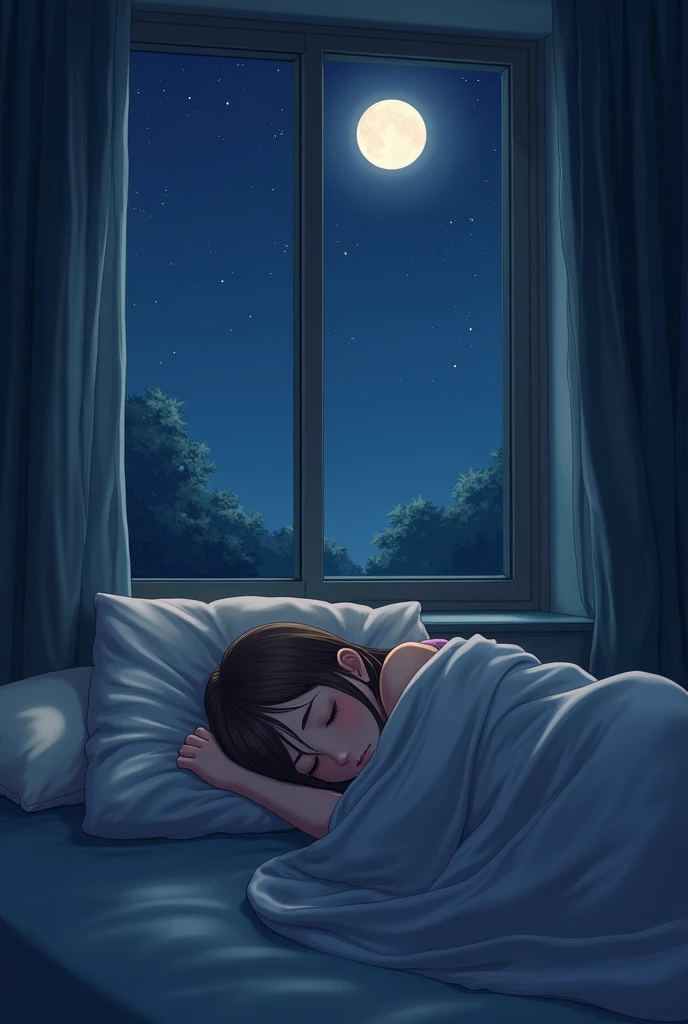 "A peaceful night scene inside a cozy bedroom. A young girl with long, straight brown hair is sleeping peacefully on a bed near a large window. The room is dimly lit, with no artificial lights on, and the soft glow of moonlight shines through the window. The sky outside is clear with a large, bright moon visible, casting a serene and calming atmosphere. The bed is made with soft pillows and a thick blanket that wraps around the girl, who is sleeping in a relaxed and comfortable position. The overall scene exudes tranquility and warmth, perfect for invoking a sense of calm and restful sleep."






