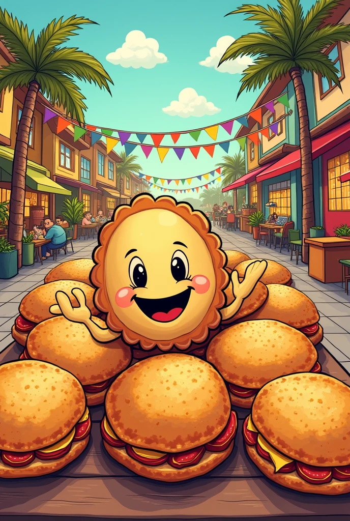 Comic photo of empanadas and panzerotis for the background of a poster