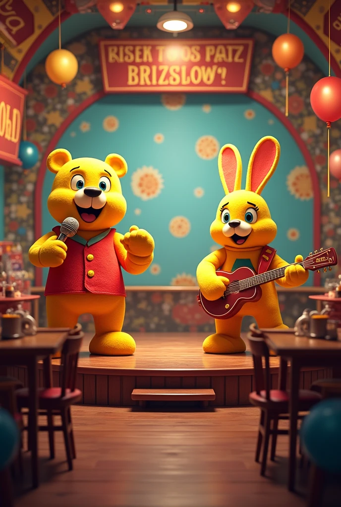 A pizzeria written on top Freddy Fazer Pizza&#39;s,This pizzeria has two large animatronics on stage singing, a yellow bear with a microphone named Fredbear.,a yellow rabbit with a guitar named SpringBonnie