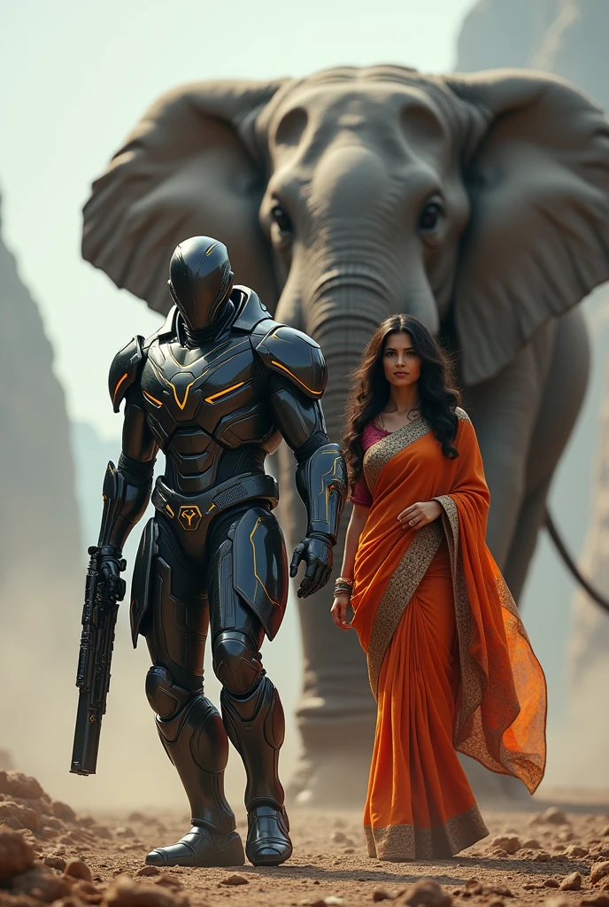Indian futurstic superhero,wearing hig tech suit ,holding a hightech weapon,beside him is a an indian girl wearing saree,in the backgroud there is an cyborg elephant