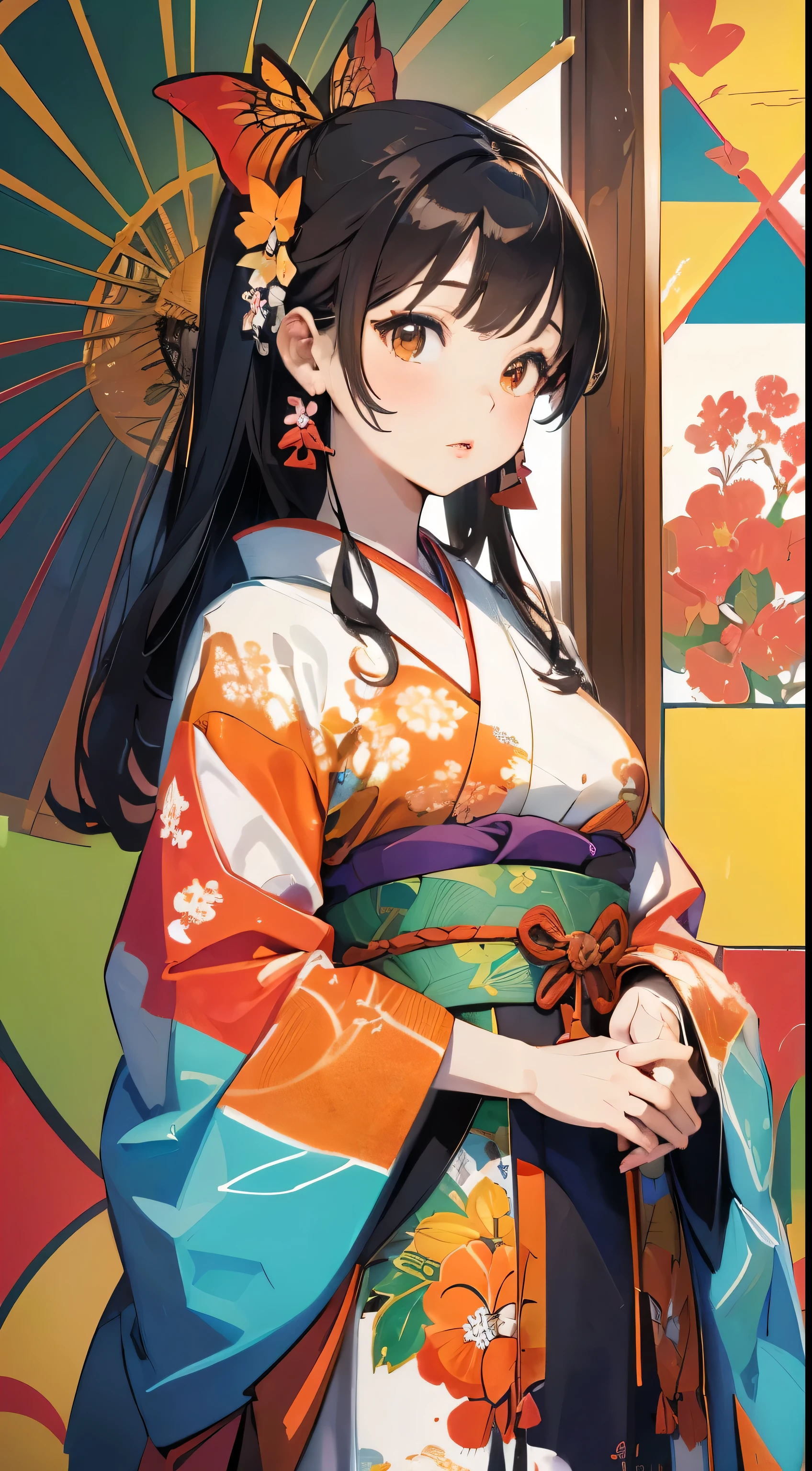 ((Highly detailed CG unit 8K wallpaper, masterpiece, High resolution, Highest quality, Highest qualityのリアルテクスチャスキン)), ((Very beautiful woman, Fuller lips, Upper body, Japanese pattern haori,)), (Messy black hair, White skin, small), ((Colorful wall with geometric patterns, Japanese pattern wall, warm color, butterfly, Floral)), Surreal, Digital Painting,