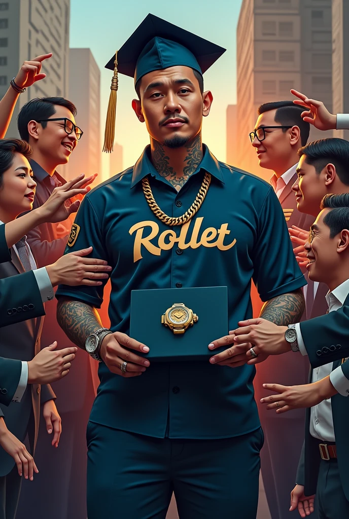 Imagine a politically realistic image where the Philippine media is represented by a figure, like a news anchor or a tattooed rapper with diamond chains, Rolex on the wrist with the uniform with the rollet logo,holding a graduation cap with the rollet logo ,stand in the center of the picture. The figure is surrounded by various stakeholders, How do politicians, business leaders, and the general public, each pulling the media figure in different directions.