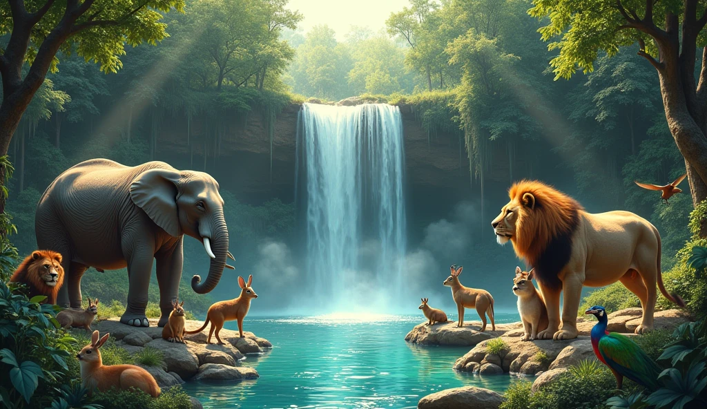 Animals in the garden of Eden at an enchanting waterfall, crystal clear blue water, animals as big as an elephant and lions animals as small as a beaver, rabbit, squirrel and deer, peacocks, parrots, we love them all! extremely detailed, High definition, 32K UHD, High resolution, Style Raw,