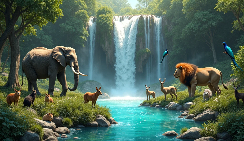 Animals in the garden of Eden at an enchanting waterfall, crystal clear blue water, animals as big as an elephant and lions animals as small as a beaver, rabbit, squirrel and deer, peacocks, parrots, we love them all! extremely detailed, High definition, 32K UHD, High resolution, Style Raw,