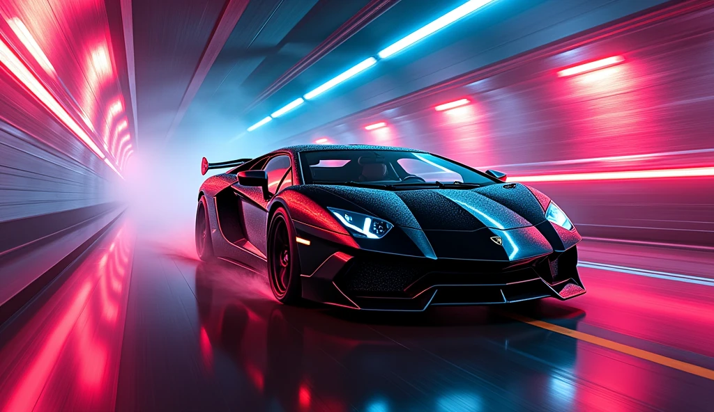 splatter art of a lamborghini aventador black running in a tunnel at night, speed, motion, neon lights, atey ghailan, alena aemani, jeremy mann    photo, cinematic, vibrant