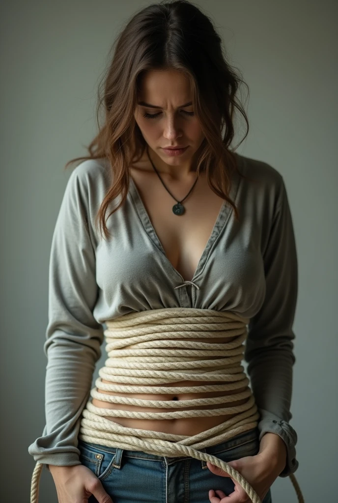 Cotton cords on a person's body that are very tight but who has clothes on underneath