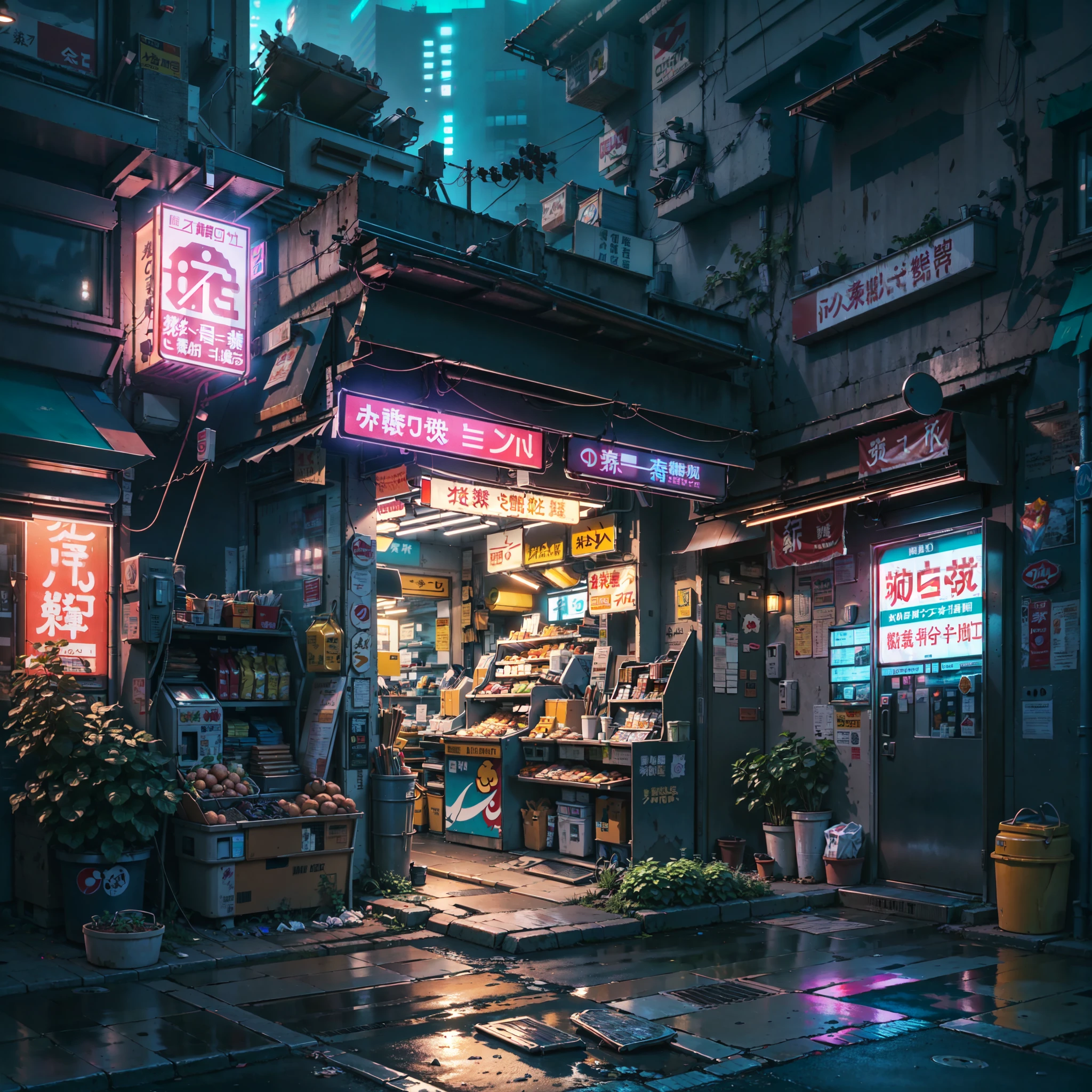 A cyberpunk scene featuring a futuristic Japanese shop on the side of a narrow path, isolated in a dense urban environment. The shop is adorned with Japanese banners and neon signs, glowing vibrantly in the morning light. The sky is a bright blue, with dramatic weather effects casting shadows and creating a dynamic, atmospheric backdrop. The setting is a blend of anime scenery and concept art, with a focus on a Tokyo-esque street scene that exudes a cyberpunk aesthetic. Details include cinematic lighting, god rays, and reflections that enhance the urban landscape. Elements like plant pots, plants, trash cans, and a vending machine are tered around, adding to the realism. The scene is devoid of people, creating a peaceful yet futuristic atmosphere. The lighting is dramatic, with lens flares and glowing highlights contributing to the overall high quality and detailed anime background art, perfect for a cyberpunk-inspired anime wallpaper.