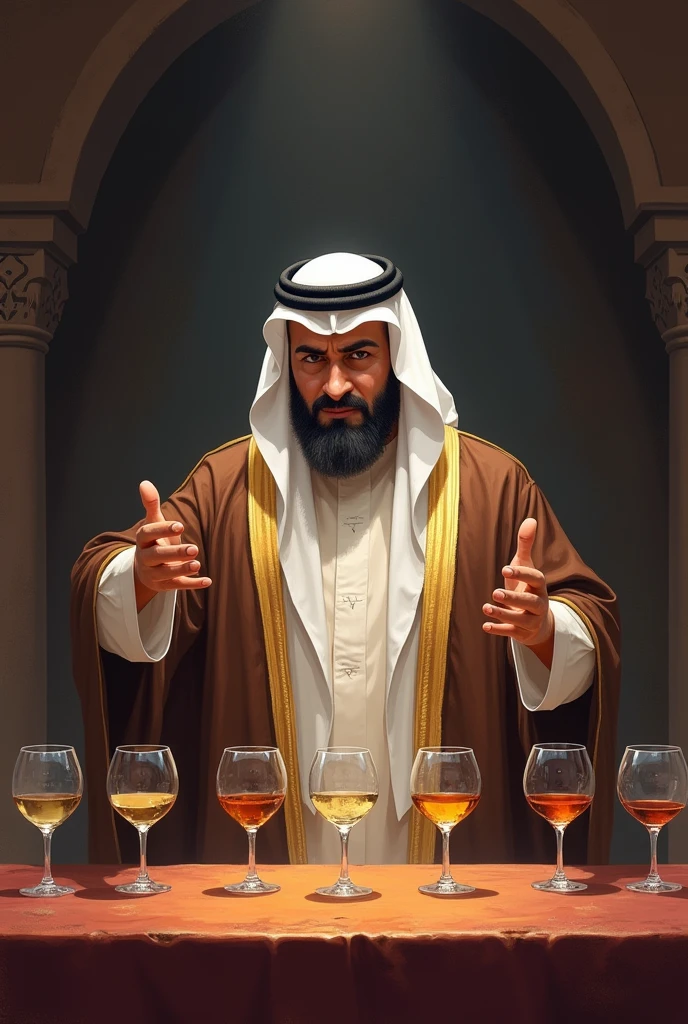 bottom: A table with glasses arranged in different positions. The glasses are labeled as full., half full and empty.
Main character: Sheik Salerm Nasair, pointing to the glasses and explaining the problem.
Details: The glasses are clearly differentiated by labels or colors.. The sheikh is gesturing towards the glasses to show the problem.