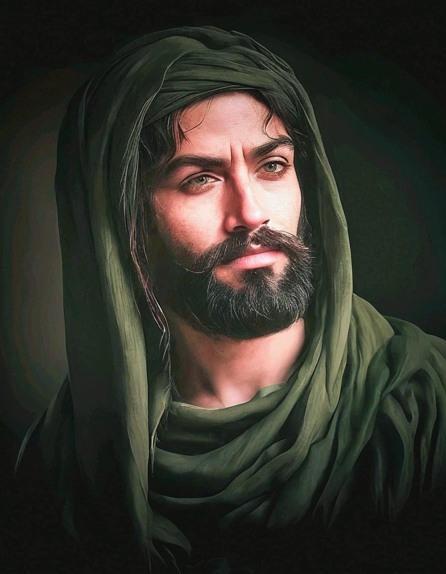 8k , A man with a long dark beard and piercing eyes. The man is wearing an olive green robe with a Muslim head covering that partially hides his face, giving him an air of mystery and severity. The lighting and composition create a dramatic effect of light and shadow, highlighting the person's strong facial features and lending an air of contemplation or seriousness to the image. Overall, it is a compelling and evocative image that invites the viewer to imagine the story or character behind the subject's compelling gaze.