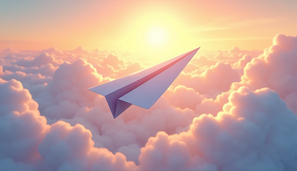 An ultra-high-resolution animated illustration depicting a paper airplane flying above the clouds in the sky with the rising sun, viewed from above.