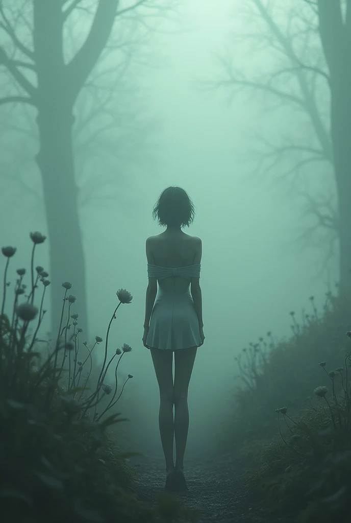 Beautiful woman standing in a wonderland enigmatic world. She is wearing an off shoulder mini tight dress. She is very slim and tall, she has slim long legs with long sicks. She has short messy hair anf and a slender neck. The ambient is foggy and it is early in the morning. The scene is a dream the woman is having but she doesnt know. 