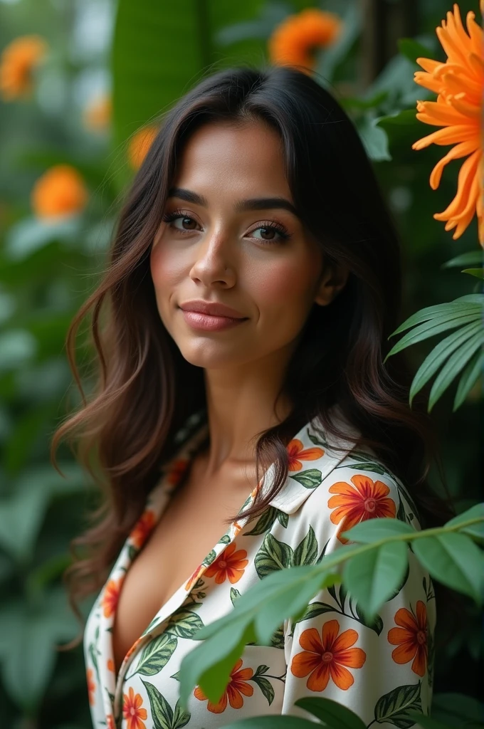 A Brazilian woman in a lush tropical garden, wearing an open shirt with a floral print, with a close-up capturing the harmonious beauty ween her breasts and the natural flowers, showing off your natural charm and outgoing personality.
