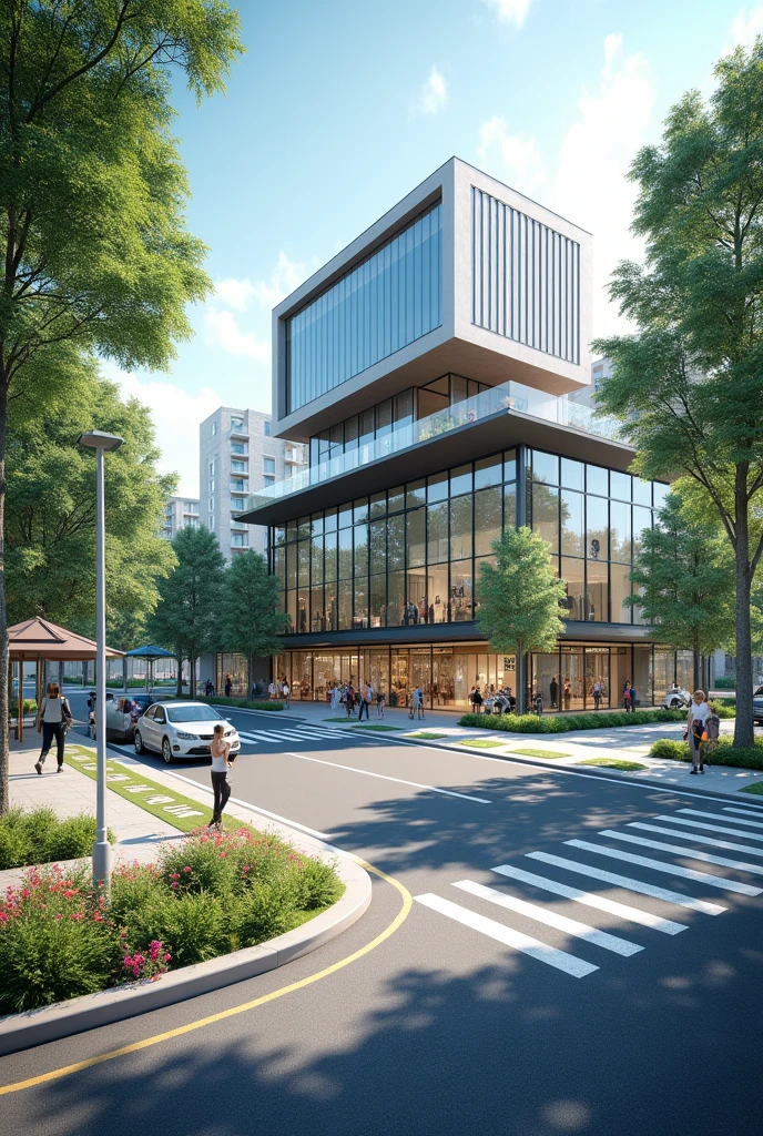 Irregular crossing, right side town hall with contemporary architecture elevated on stilts, below large garden with small trees and benches. Other side of the intersection concept stores co. glass facades, tall trees providing shade, colorful flower garden, benches to sit on, passage for cars to also make their journeys, public sidewalk with pet pavement
