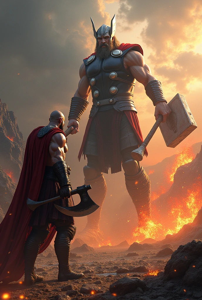 Kratos fighting against thor with his axe in musphelheim. The image should be detailed and in landscape mode.The image should be as realistic as possible.