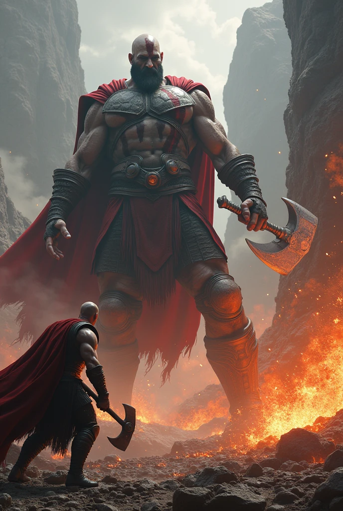 Kratos fighting against thor with his axe in musphelheim. The image should be detailed and in landscape mode.The image should be as realistic as possible.