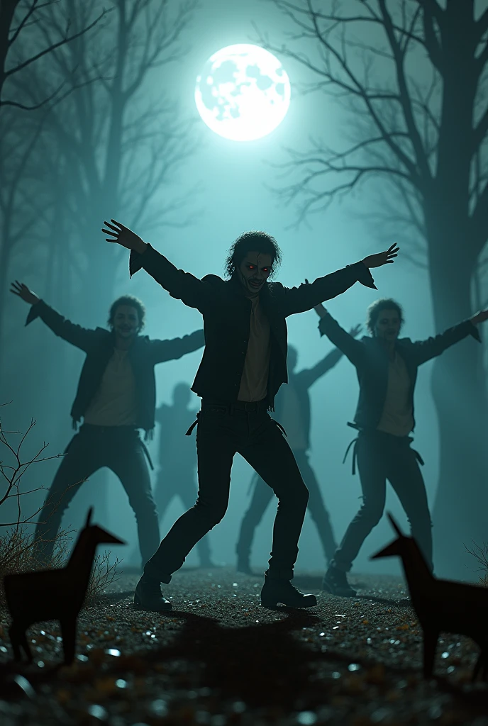 “A group of dancers performing Michael Jackson’s iconic Thriller dance in a spooky, dimly lit setting. The dancers are dressed in classic zombie costumes, with tattered clothing and eerie makeup. The background is a foggy, haunted forest with full moonlight casting long shadows. The dancers are in sync, mid-dance with arms outstretched, and striking a classic Thriller pose. Additionally, two origami figures are added, one on the left and one on the right, both facing forward and positioned along