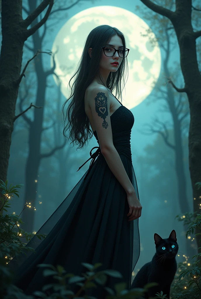 a witch with her hat under the full moon in a forest white skin light brown eyes big nose thick lips with black square rim glasses straight waist length dark brown hair with a crown tattoo on the right side of her chest beautiful build big butt with her black cat blue eyes