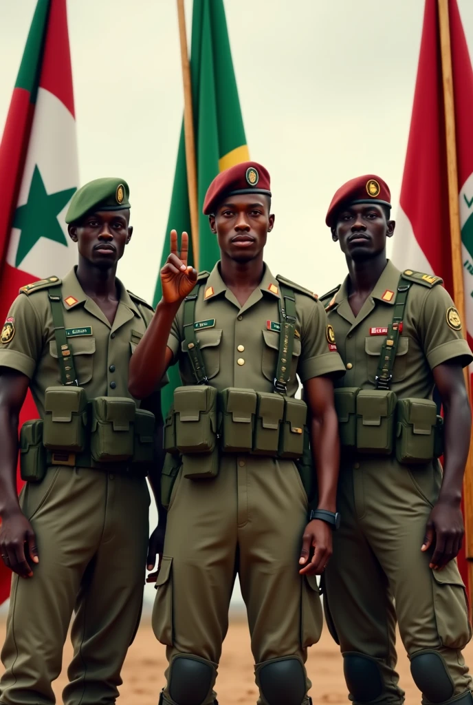Generated the Malian soldier and the Bourkinabe soldier and the soldier from Niger together who holds their flag and makes an AES sign