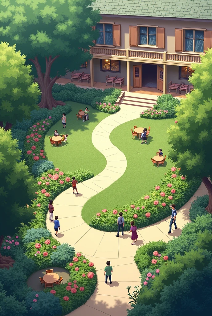 A school that has a garden that is spacious, that has a dining room and a court, but that is not so big.