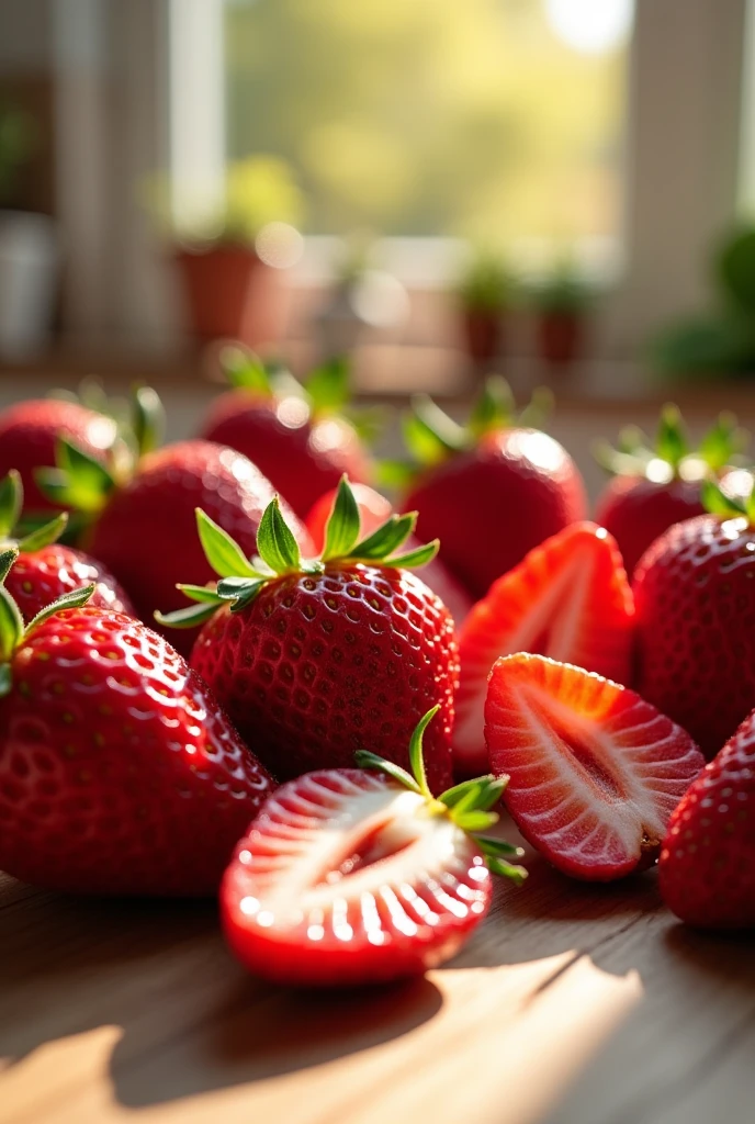 fresh strawberries on a table, some chopped and others whole, with reflections of sunlight inside the kitchen, In a very gourmet and professional photograph leaving a space in the photo from the middle up for a text that says "Strawberries symbolize freshness, the sweetness and vitality that we want to share in every special moment."