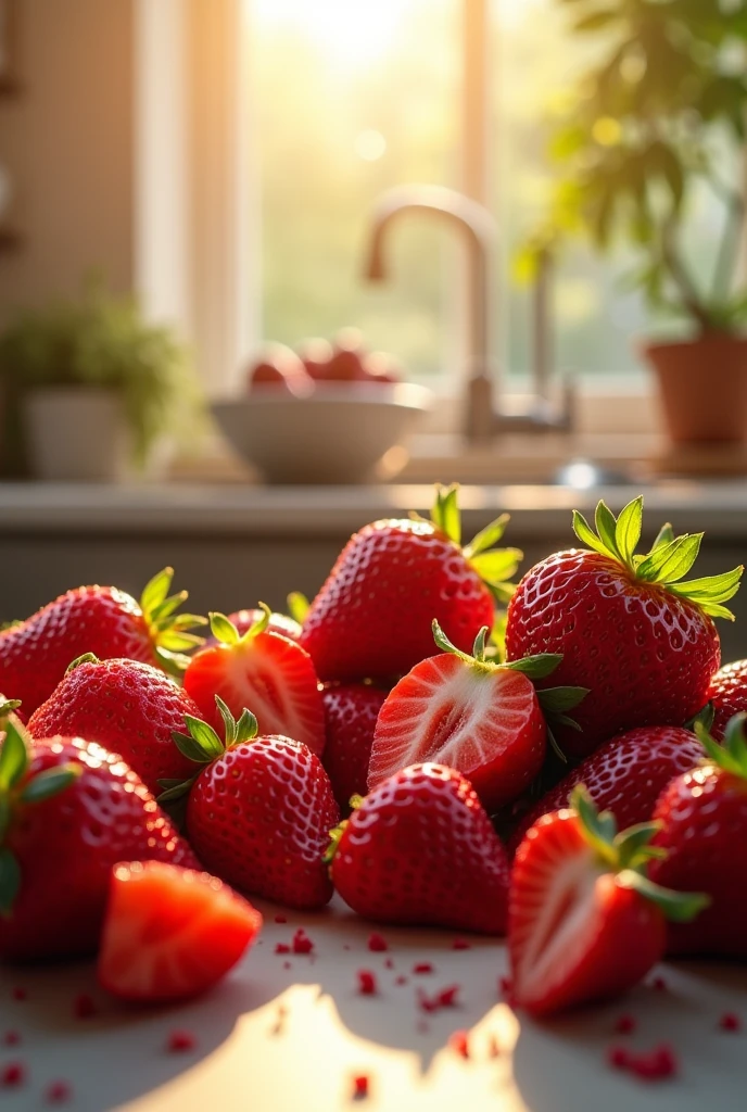 fresh strawberries on a table, some chopped and others whole, with reflections of sunlight inside the kitchen, In a very gourmet and professional photograph leaving a space in the photo from the middle up for a text that says "Strawberries symbolize freshness, the sweetness and vitality that we want to share in every special moment."