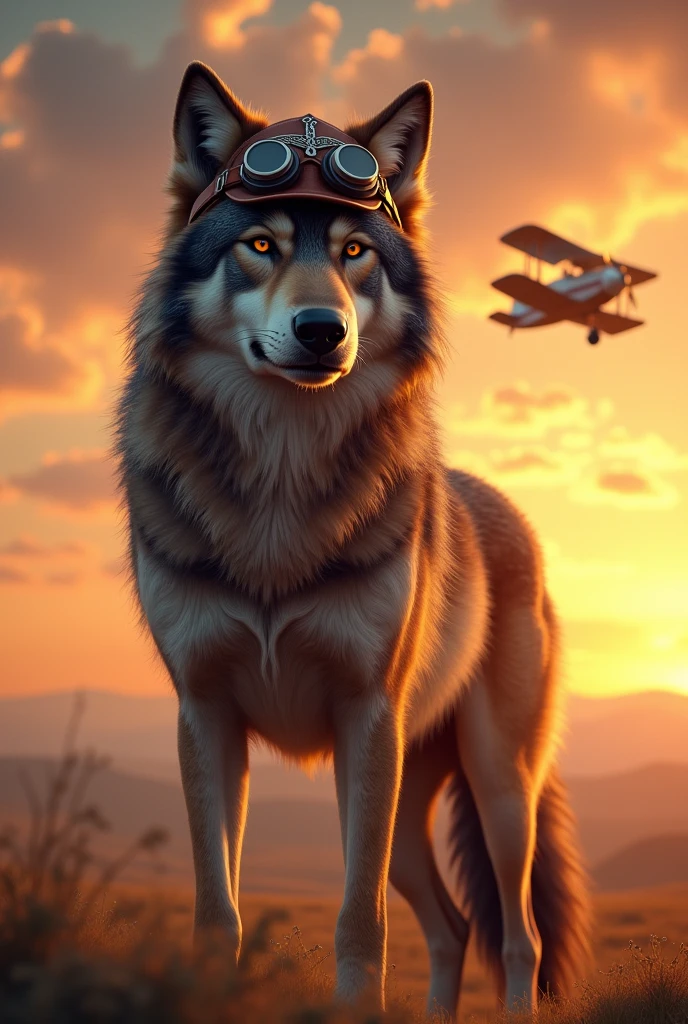 create an image of a wolf with a pilot hat with a plane flying behind him at sunset