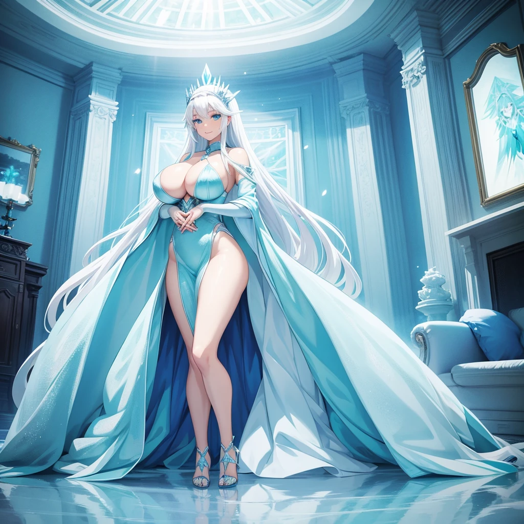 Anime ice princess full body view with perfect hands, huge Breasts,white hair, aqua eyes, ice woman, hands hidden, living room, smile, ice world 