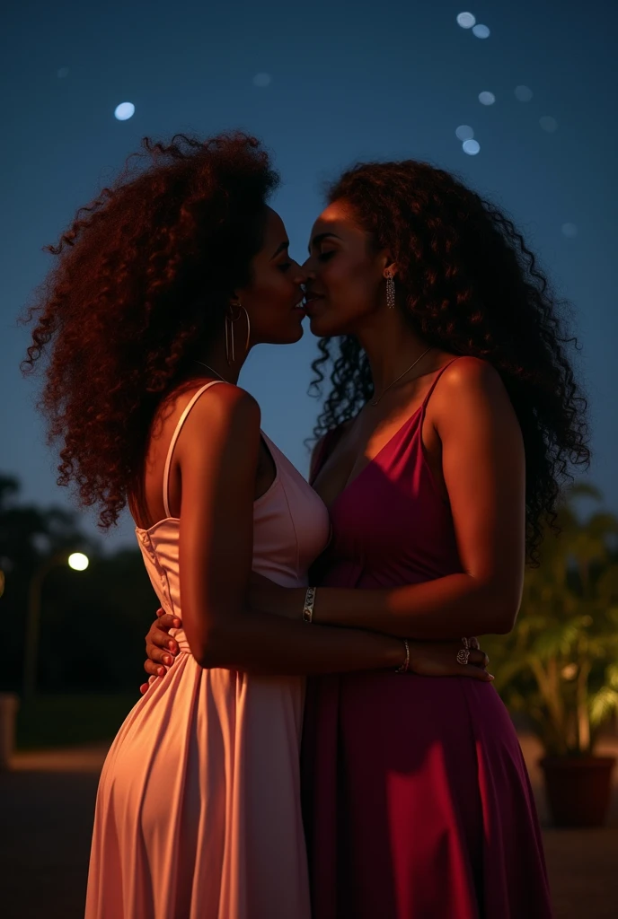 A very sexy lightskin habesha married woman lays with her busty latina lover kissing passionately, touching seductively under the stars  both women bodies pressed together tightly hugging each other both have very big  busty clevage show big pink lips detailed eyes detailed big bold curly hair wearing long sexy sleeveless silk, very curvy sexy bodies, ultra HD 4k masterpiece, ultra HD 8k masterpiece, cinamtic realistic picture quality 