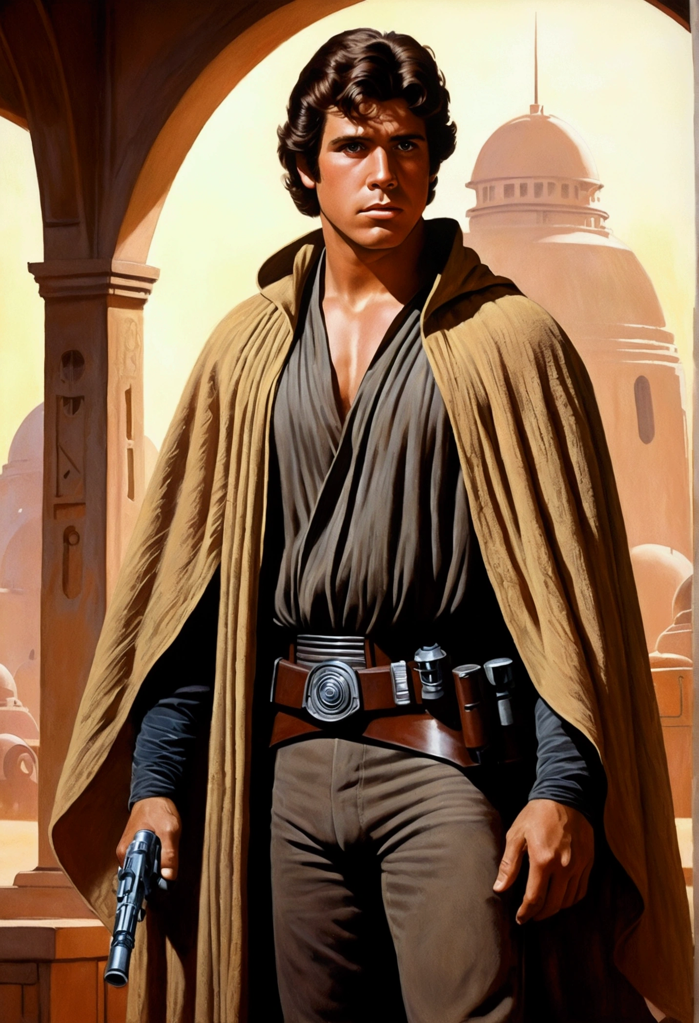 An illustrated movie poster, hand-drawn, full color, a young Star Wars gunslinger, 21-years-old, male, wearing a poncho, stocky figure, broad shoulders, muscular, hairy body, lost of body hair, brown eyes, brown-black hair, curly quiff, sun-tanned skin, resembles Lou Ferrigno, standing in a seedy cantina, graphite shading, stencil marks, airbrushed acrylic paint, masterpiece, in the style of Drew Struzan