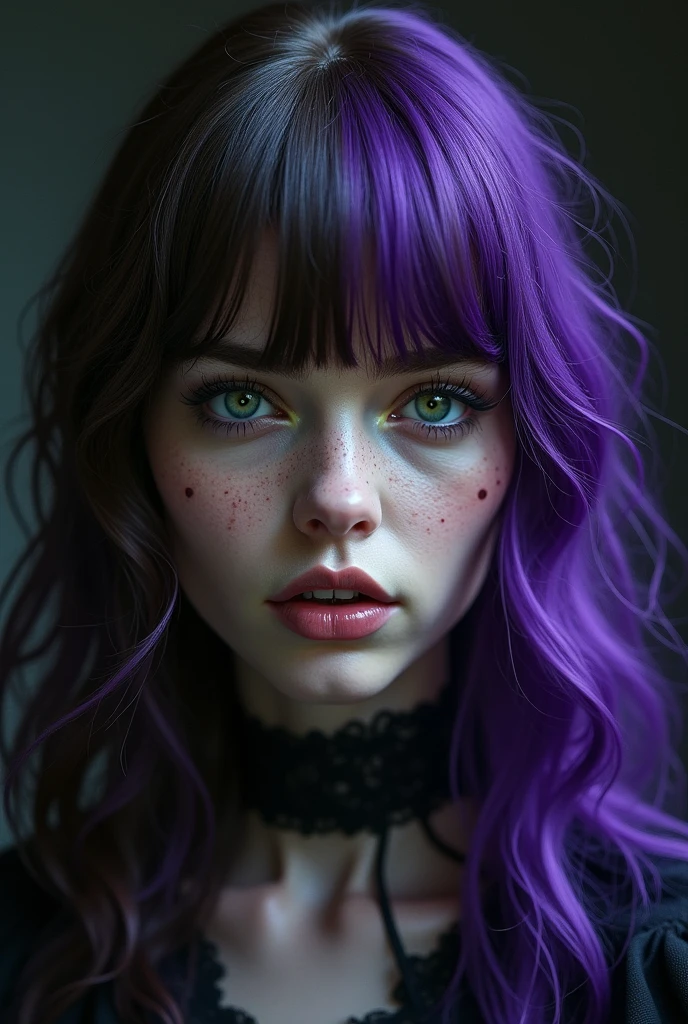 Drawing Adult woman with white skin, light freckles on the face, half purple half brown wavy hair with straight bangs and gothic outfit, dark background vampire teeth