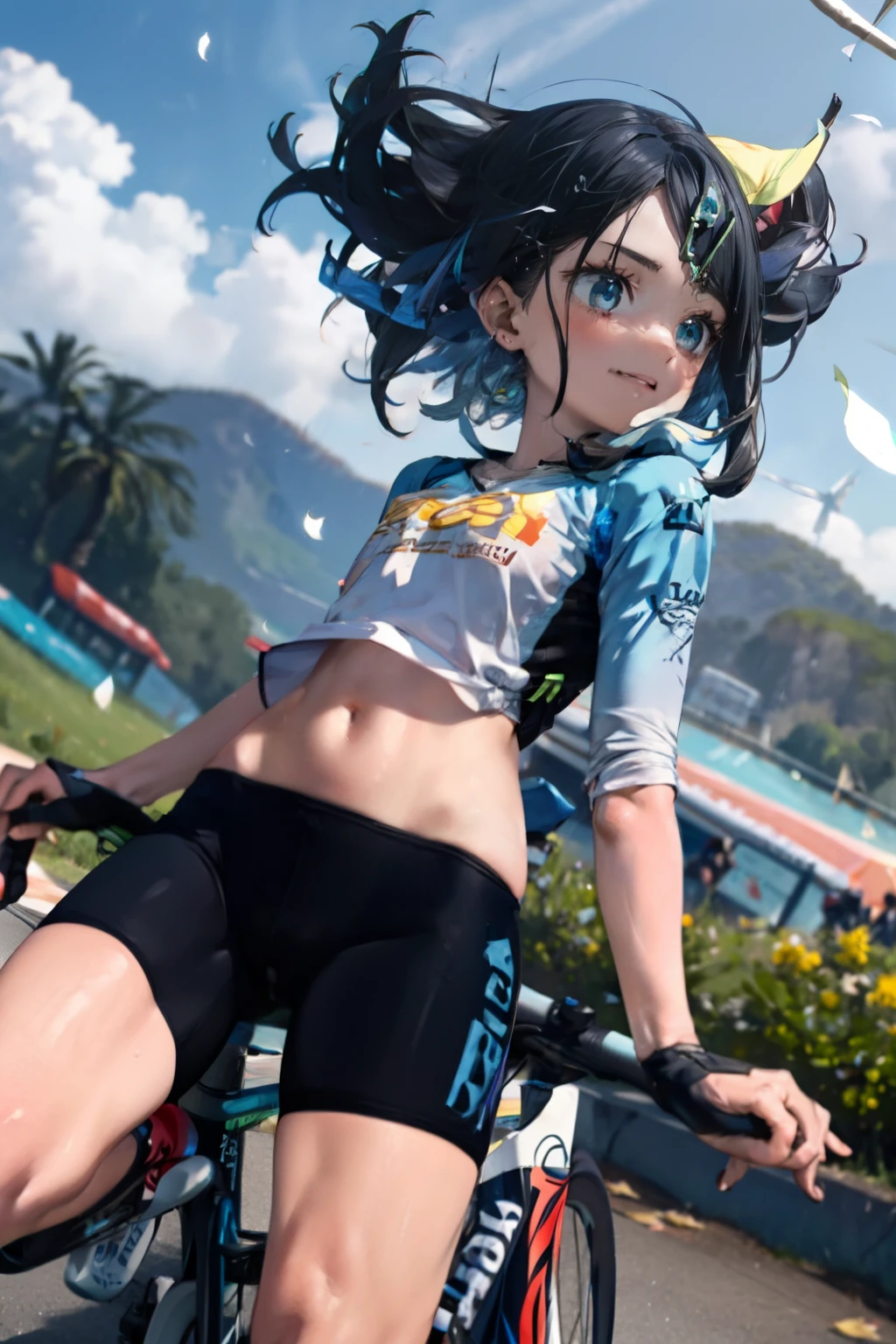 nsfw, roadbike, Cycling spats, pokemon_It&#39;s left,  Butt, Panty lines, (masterpiece, Highest quality, 8K ultra-high resolution, :1.4), 14yo, kawaii, Pokemon Riko, ((Bloomers, Gymnastics)), Beautiful Eyes,Flash photography, Backlight,  , (smile:1.4), Written boundary depth, Dramatic portrayal, (room background) Focus of the film, , Emotional composition, Emotional engine full throttle BREAK Young and cute, Slender body, Flat Chest, Highly detailed glossy skin,Sweat,  完璧なPokemon Riko
, Wind, detailed in the Wind, petals dancing in the Wind
BREAK
ultra detailed crystal eyes, Eyes like shining jewels