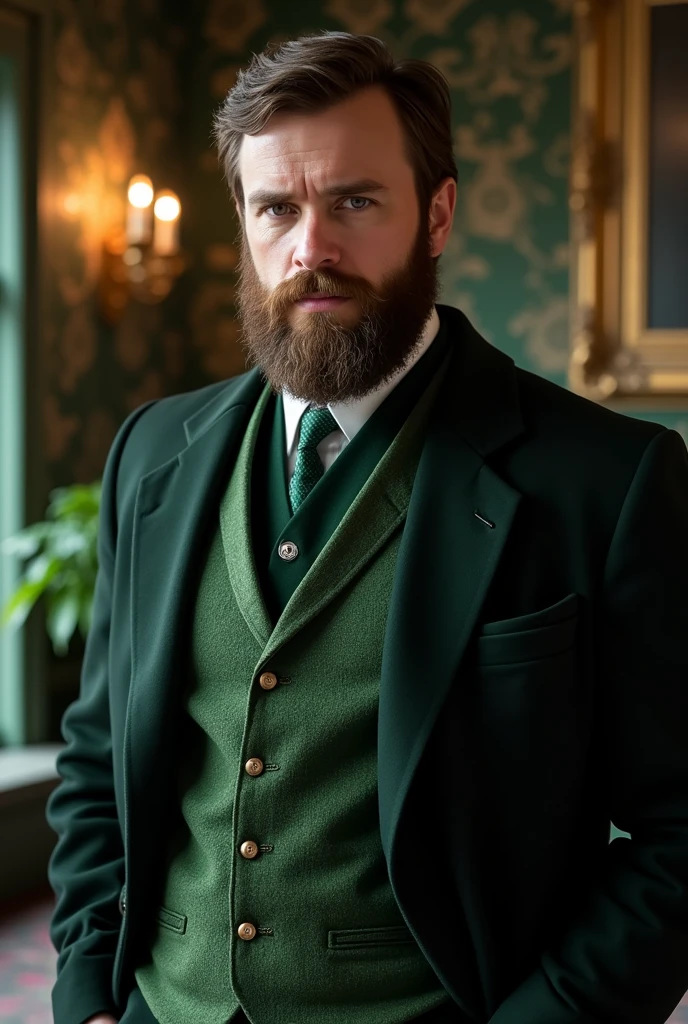 Create an image of a man with a beard, nice in the Slytherin uniform