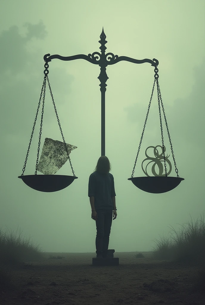 A scale with two pans filled with symbols representing the past and the future, an undecided person in the center, surrealist style"