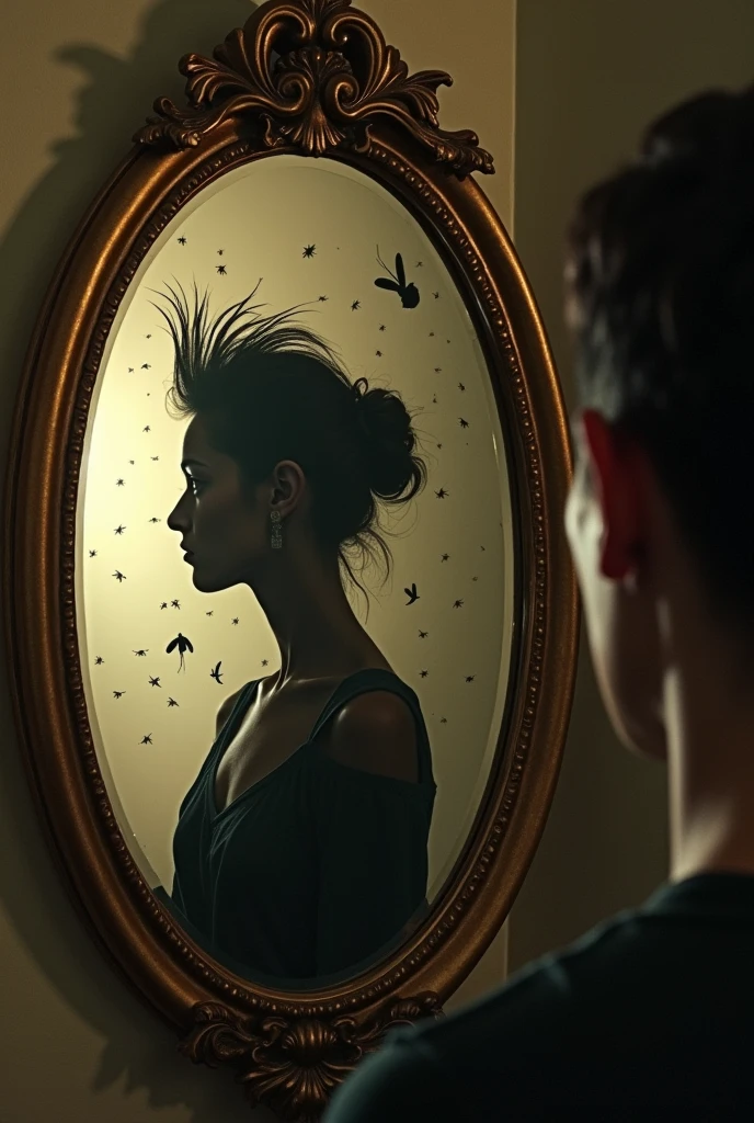 Mirror with exaggerated reflection: An image of a mirror reflecting a person with a distorted image, emphasizing vanity and inflated self-image.
laurel wreath: A laurel wreath superimposed on a profile silhouette, symbolizing the search for recognition and superiority.
Split Face: An image of a face split in half, with one half showing arrogance and the other half showing vulnerability, representing the narcissist's internal conflict. morning glow, The emergence of insects, Film production, dramatic chiaroscuro