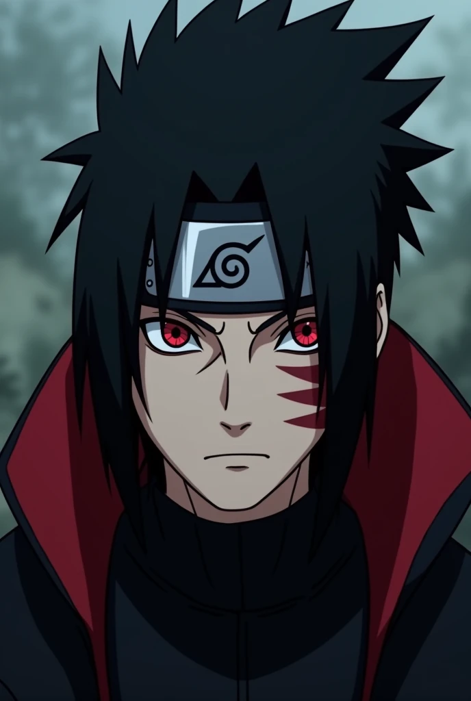 Un nouveau personnage de Naruto il a les cheveux noir avec des mèches rouges et les yeux noir avec des reflets de rouge et un regard perçant il la peau pas trop blanche pas trop bronze et il s'habille en noir et il une cicatrice a l'arcade et la coupe a Obito