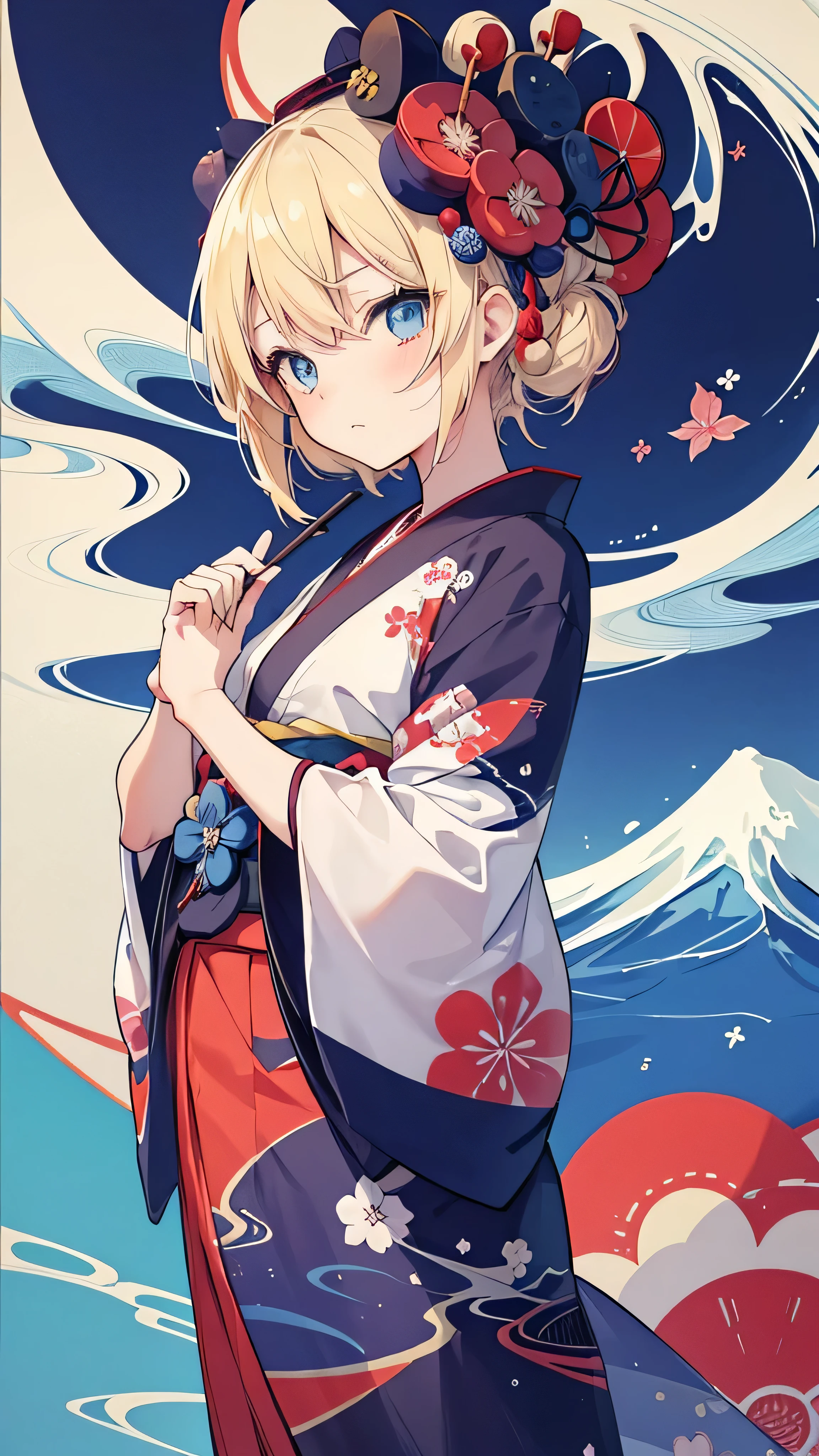 Japan T-shirt Design, Weller Hokusai, Hokusai style, Incorporating modern animation elements, blonde, blue eyes, softfarben, 1 girl, cute, cute, sweet, soft, 