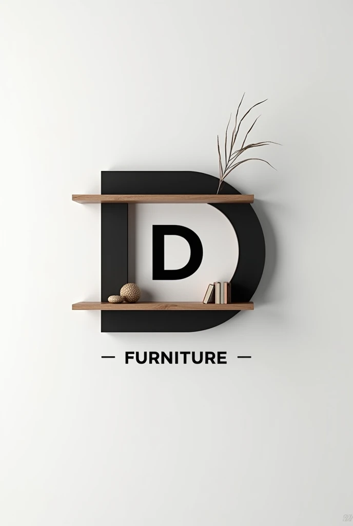 a simple logo with a black and white background for a custom and architectural furniture company. With two wooden shelves in "L" complementing each other and with the initials of the company " D FURNITURE" AND SOME DECORATION ITEMS