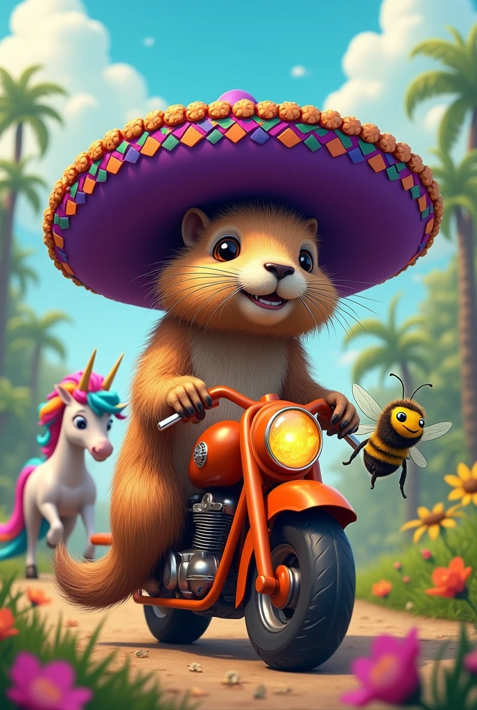 Une marmotte qui porte un chapeau mexicain violet en compagnie d'une licorne multicolore et d'un gros bourdon joyeux qui font de la moto orange