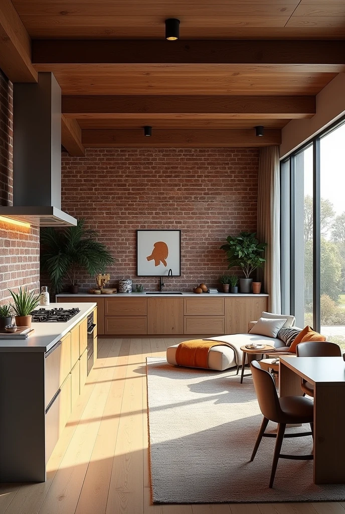 A kitchen with a 6 by 5 meter brick wall but the living room is also integrated
