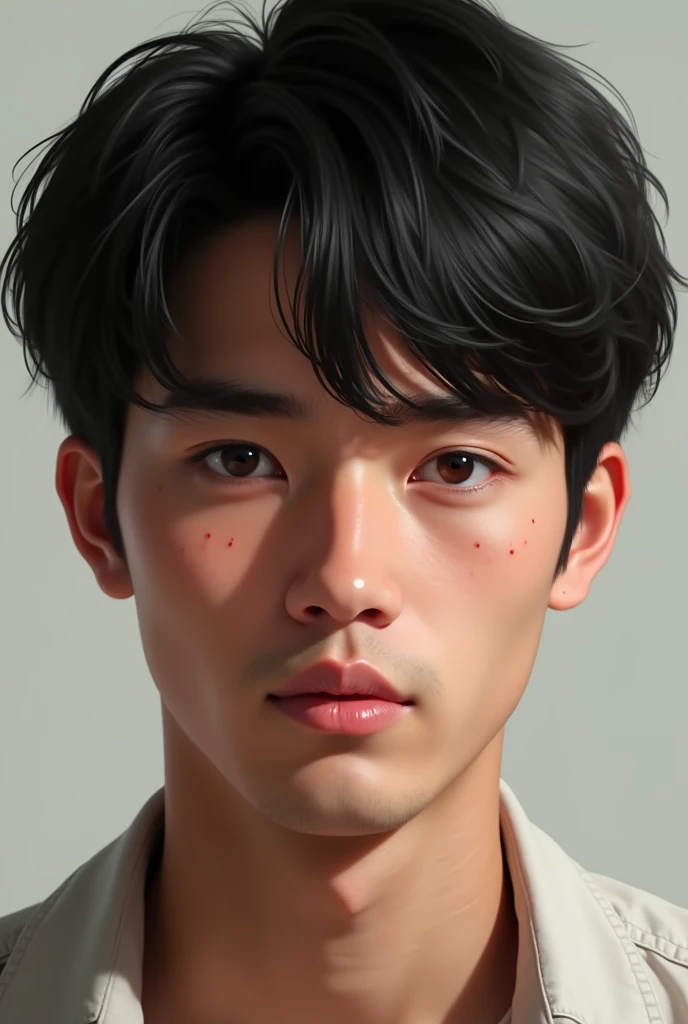 The man has a youthful, slightly oval face., with subtly marked cheekbones that give balance to her expression. Her skin is light-toned and shows some acne marks on both cheeks., which are visible but not exaggerated, giving a natural and realistic look to your skin.
His eyes are a dark brown color, Medium in size and slightly almond shaped. The character's gaze is serious and introspective, framed by straight eyebrows, Medium thickness, and well defined. The eyebrows are placed in a way that enhances the intensity of her eyes., giving him a thoughtful expression.
The nose is straight and proportional, with a soft bridge and a slightly rounded tip, harmonizing well with the rest of your facial features.
The lips are thin and well defined., with a slight natural curvature that gives it a neutral expression, neither smiling nor frowning. The upper lip is slightly thinner than the lower lip..
hair is straight, of a dark black color, and medium length. It falls naturally and a little messily on the forehead., lightly covering the eyebrows, and extends to just above the ears on the sides. The hair has a fine texture and a natural shine., with some strands falling over the forehead. and make it look realistic