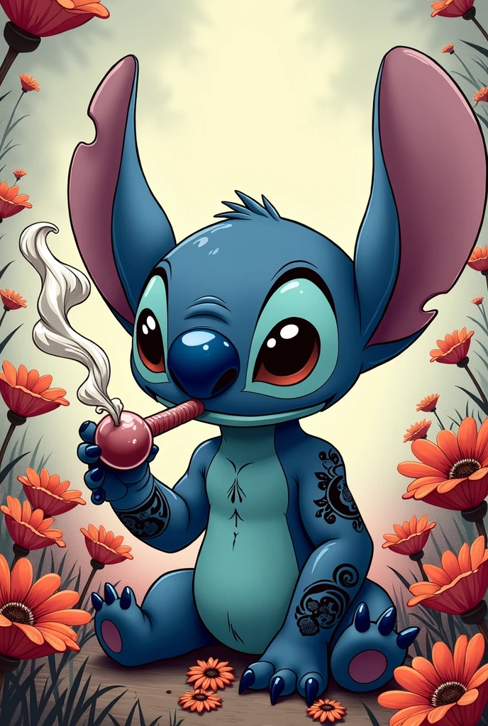 (stitch smoking on bong high)(flowers around stich)(smoke in stitch's mouth)(black and withe lines tatto)