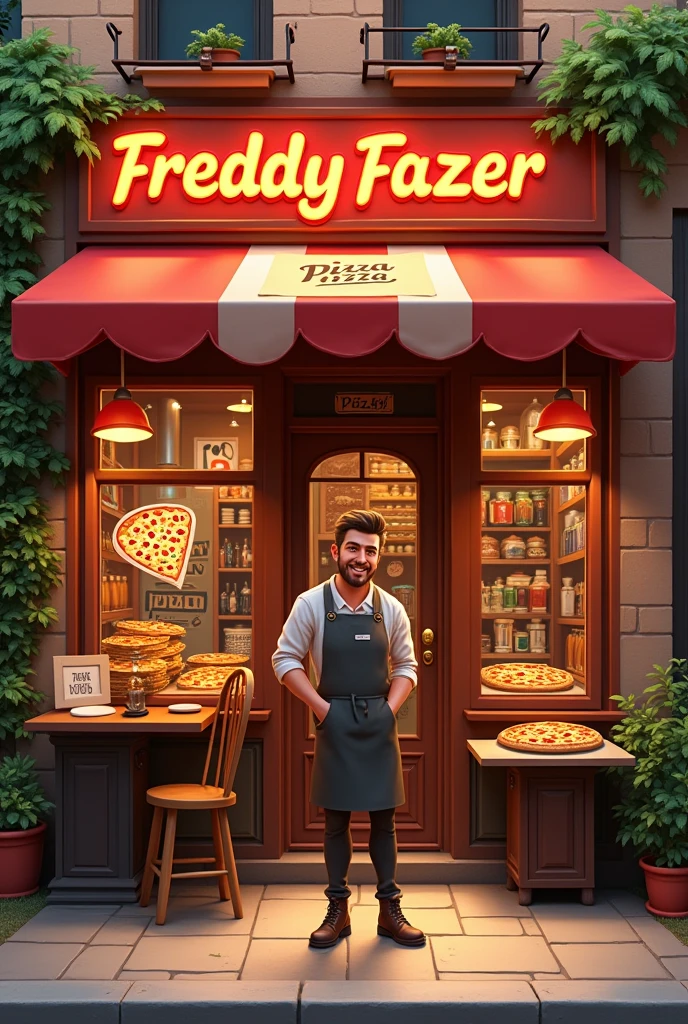 A pizzeria written on top Freddy Fazer Pizza's,