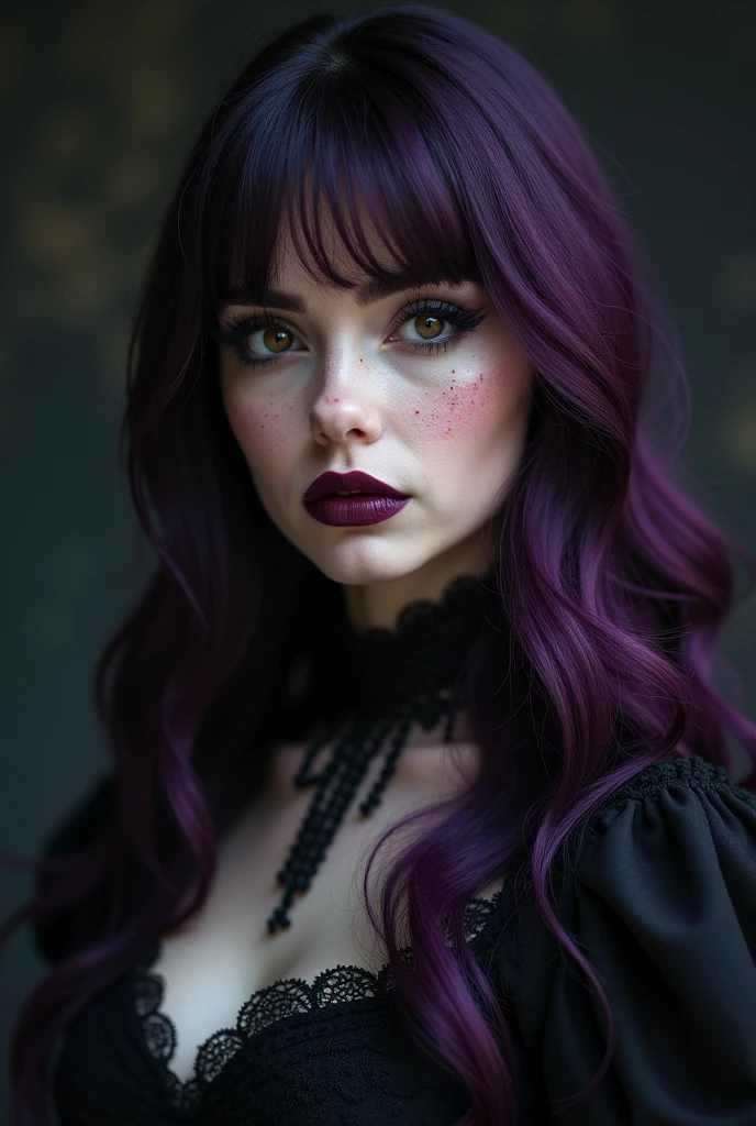 Drawing Adult woman with white skin, light freckles on the face, half purple half brown wavy hair with straight bangs and gothic outfit, dark background vampire teeth, vampire teeth HQ VERSION