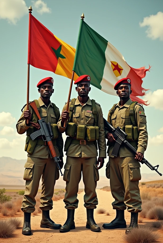 Generated the Malian soldier and the Bourkinabe soldier and the soldier from Niger together holding their flag