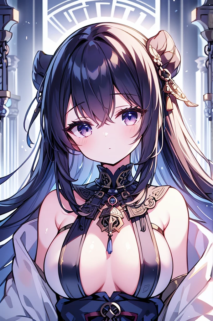 1 girl close up on face, beautiful and aesthetic, gorgeous, masterpiece, Best Quality, fantastic atmosphere, Soothing palette, Quiet, Soft shading, priestess with many chains around her body