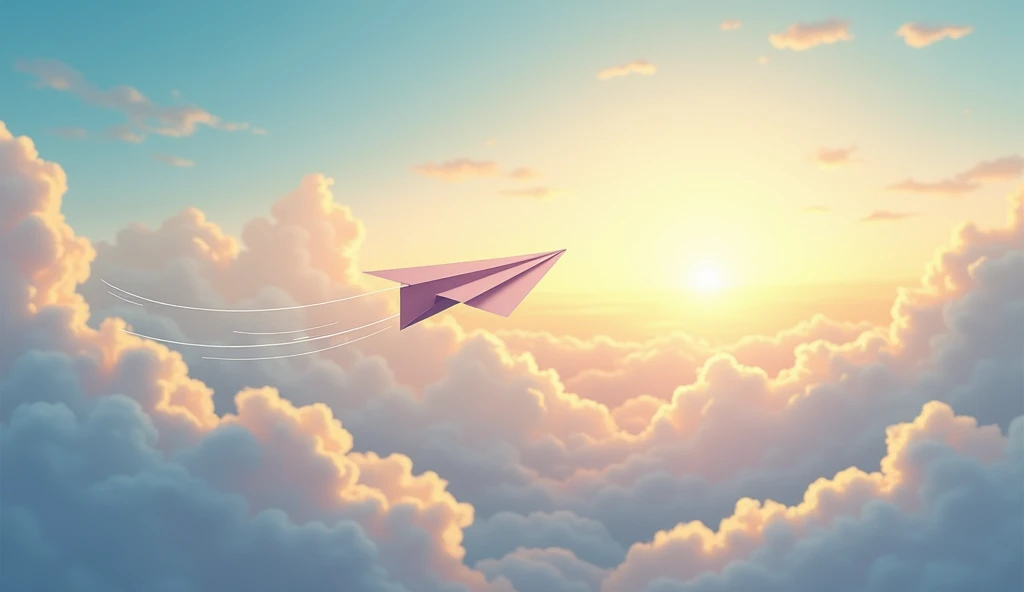 An ultra-high-resolution animated illustration of a paper airplane flying above the clouds in the sky with the rising sun, displayed on a very wide screen.