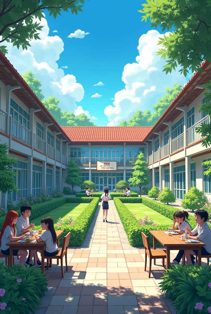 A school that has a garden that is spacious, that has a dining room and a court, but that is not so big. that looks youthful with cool juniforms 
